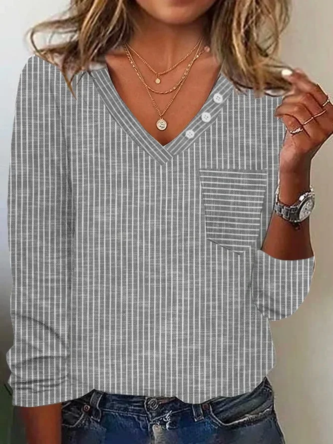 Autumn v-neck striped long-sleeved t-shirt