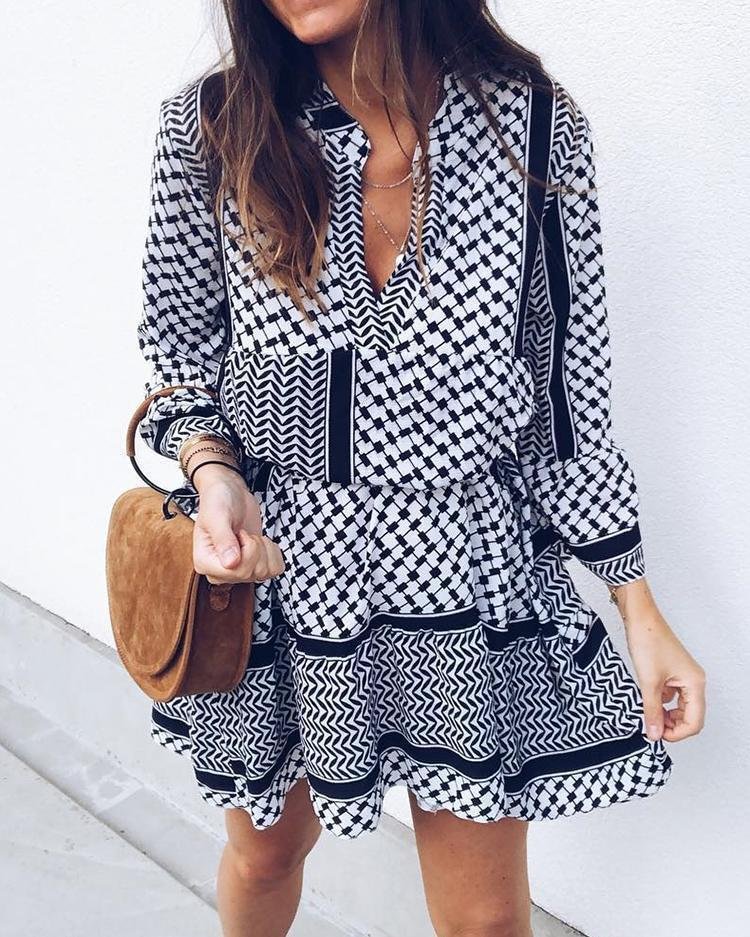Ethnic Print Long Sleeve Elastic Waist Casual Dress P11436