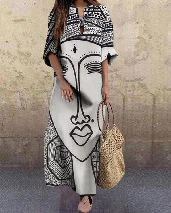 Fashion Face Printed Plus Size Vintage Maxi Dress - Chicaggo