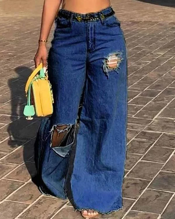 ladies loose hole jeans p419592