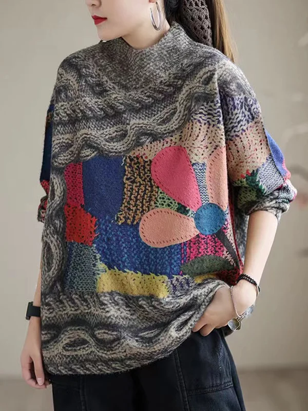 Artistic Retro Contrast Color High-Neck Long Sleeves Sweater Top