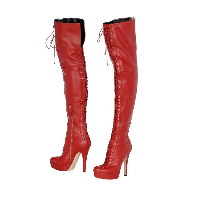 Fashion Red Lace Up Thigh Platform Boots with Stiletto Heels |FSJ Shoes