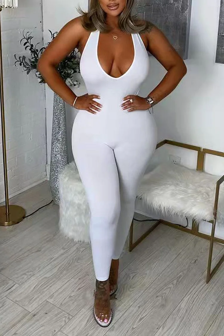 White Sexy Solid Patchwork Backless Halter Regular Jumpsuits