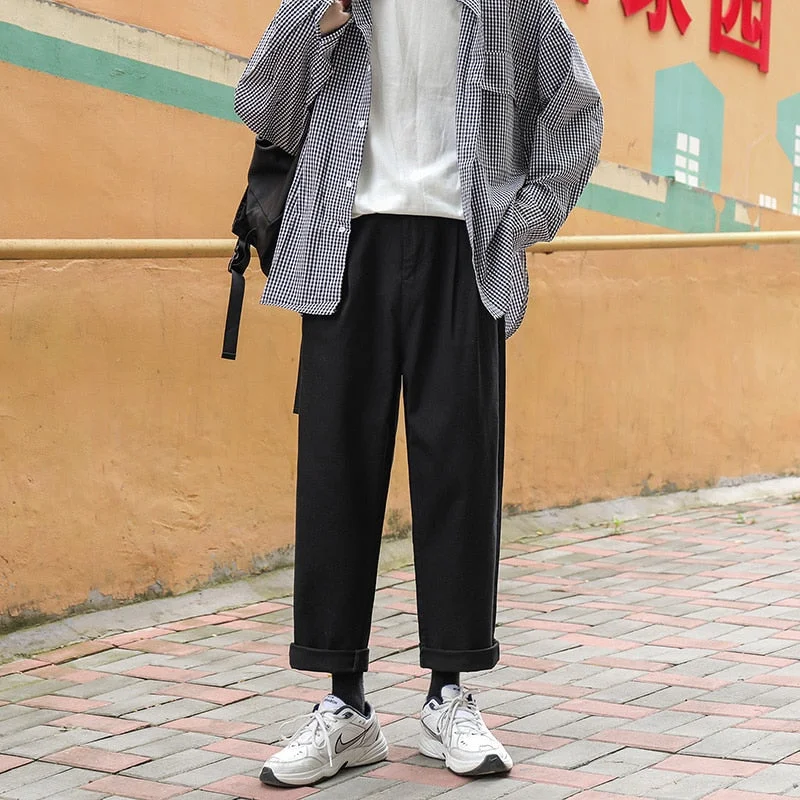 Aonga Men Korean Fashions Harem Pants Wide Leg Joggers 2023 Mens Black Loose Sweatpants Japan Style Straight Pants Trousers