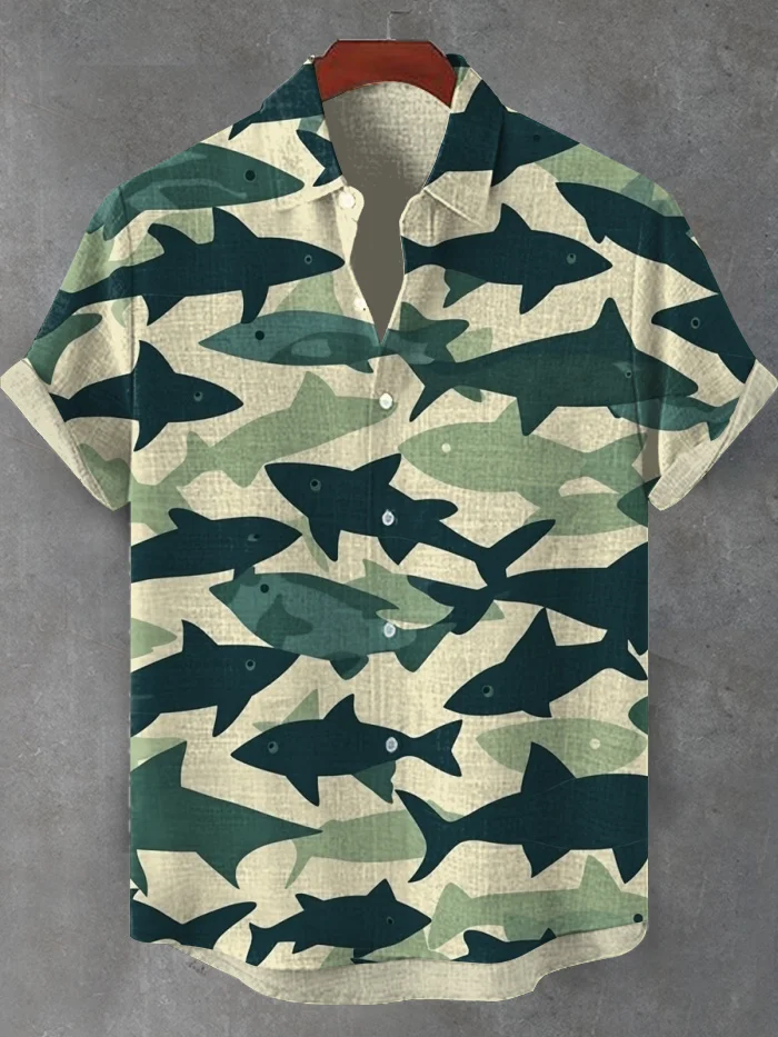 Men's Marine Art Fish Camouflage Print Short Sleeve Shirt
