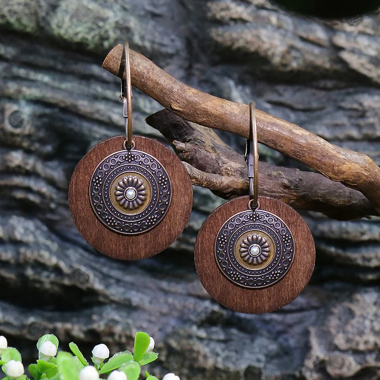 Vintage Style Women's Earrings Round Wood Bronze Alloy Double Pendant Set With Pearl Embellished Earrings VangoghDress
