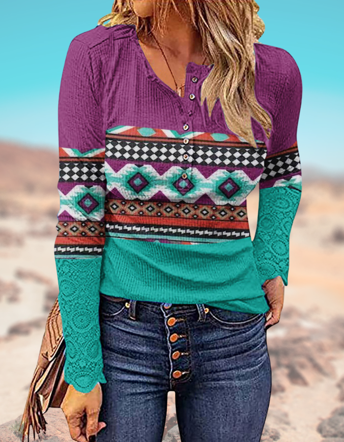 Womens T-Shirt Tribal Aztec Pattern Long Sleeve Top 8 Colors S-5XL