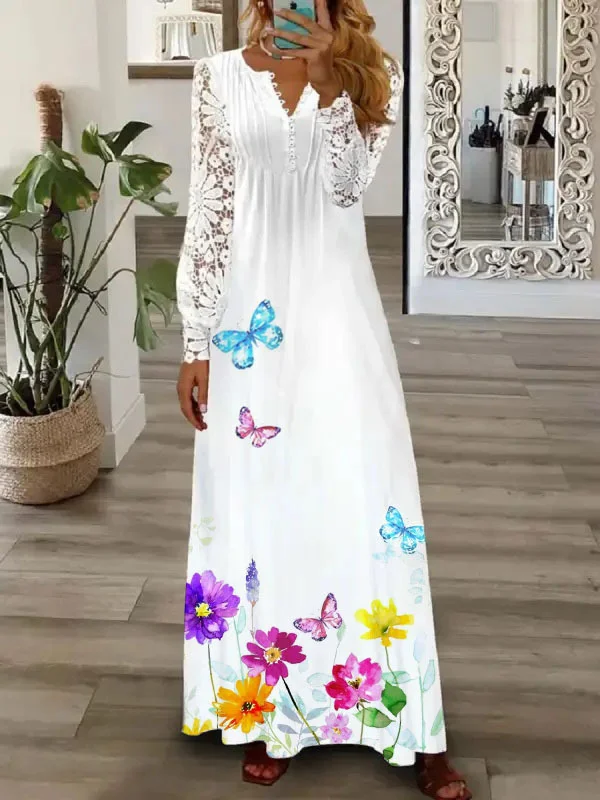Lace Hollow Floral Print Cotton Blend Casual Dress