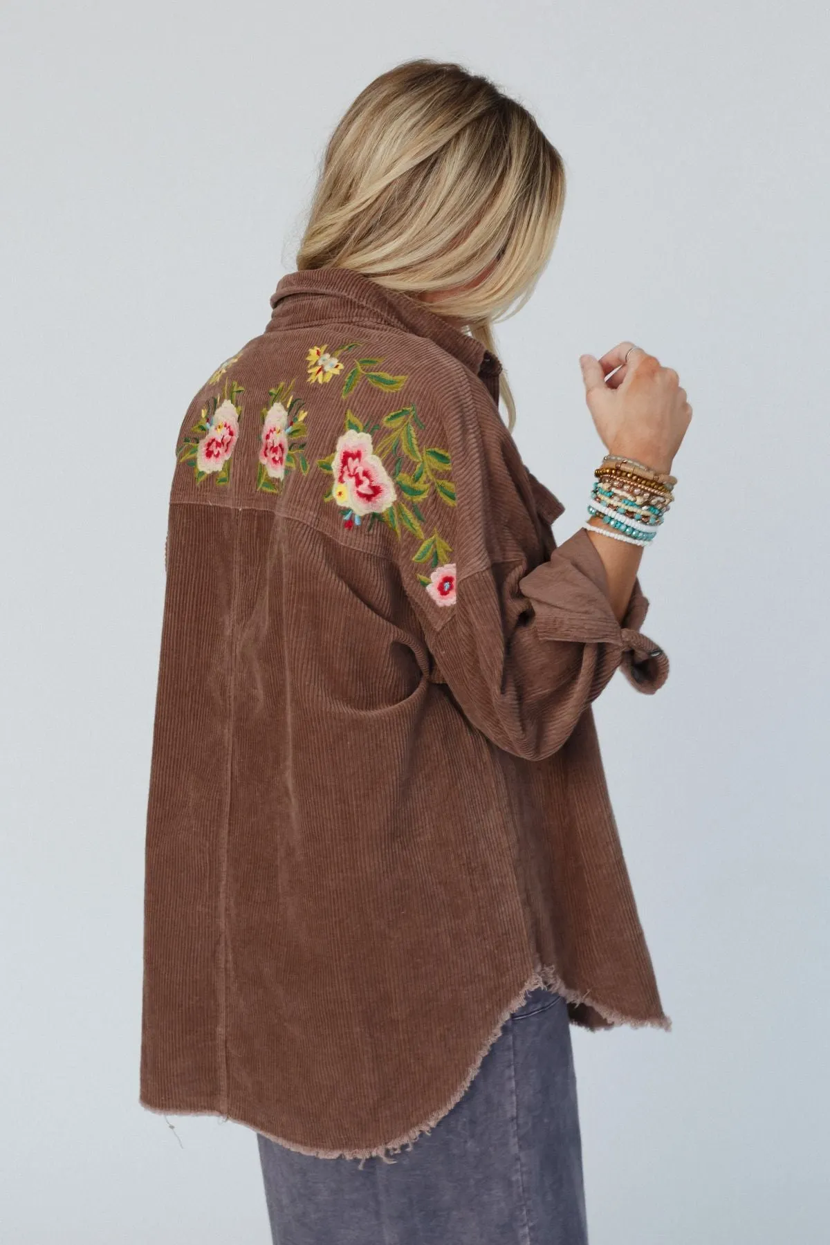Gardener Embroidered Button Down Top - Mocha