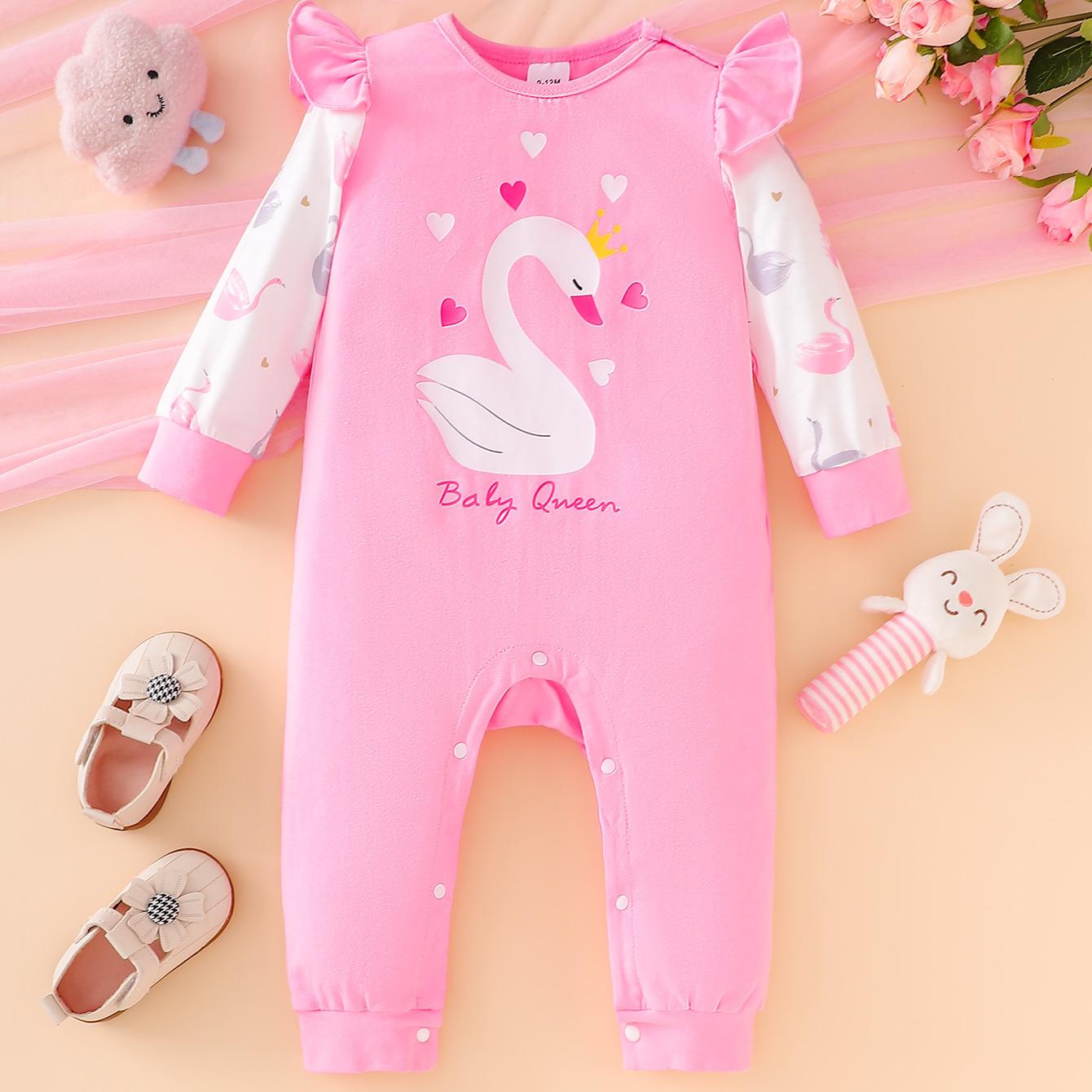 【0M-18M】Girls' Cap Flutter Sleeve Long Sleeve Colorblock Cartoon Swan Romper
