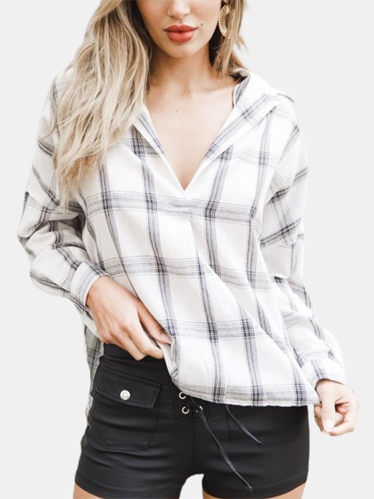 Women Plaid Print Loose Long Sleeve Casual Blouse P1781629