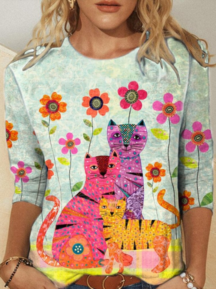 Cat Friends Printed Casual Tee