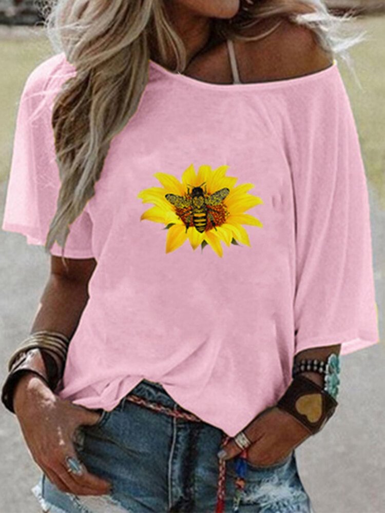 Flower Bee Print Off shoulder Short Sleeve T shirt For Women P1668319
