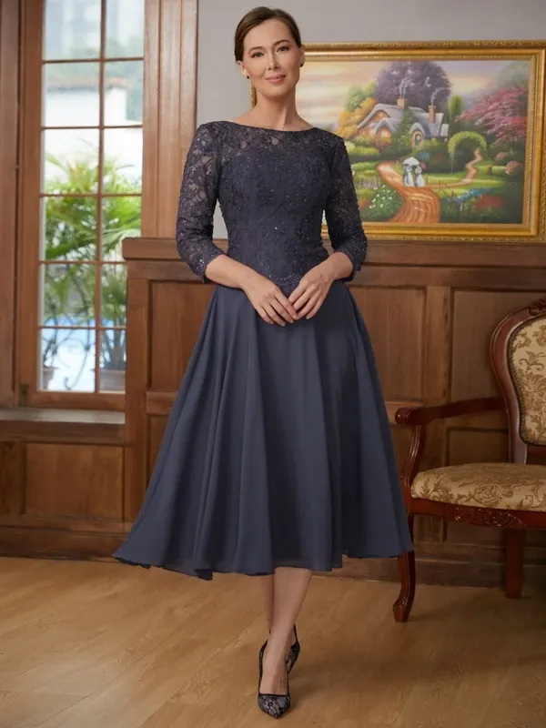 Chiffon And Lace Scoop 3/4 Sleeves Tea-Length A-Line Mother Of The Bride Dresses | MOD0013 Wellcucu