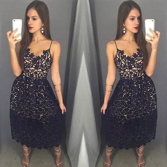 Dark Blue Lace Tea Length Prom Dress, Fashion Girl Dress