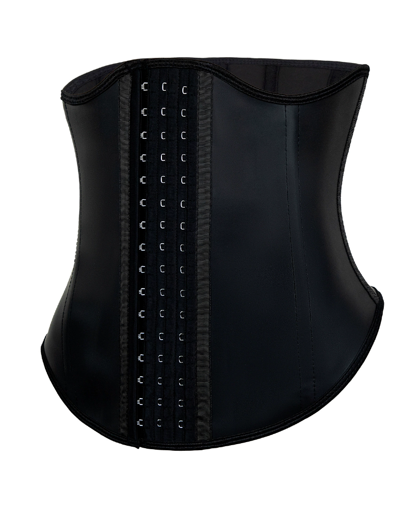 Curved Smooth Leather Rubber Long In The Front And Short In The Back With Buckles And A Shaping Waist.