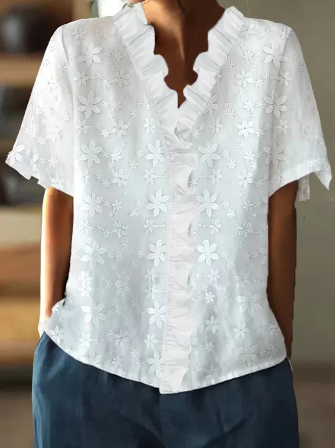 Embroidered Loose Ruffled V-neck Shirt