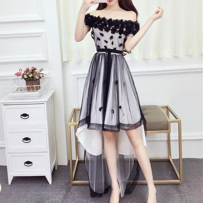 Black/Red/Blue Elegant Off-Shoulder Flower Dress S12702