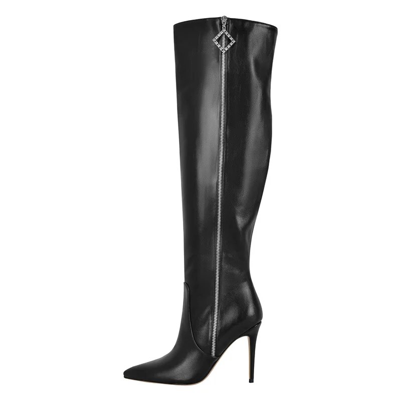 TAAFO Women Pointed Toe Black Matte Over Knee High Boots Side Zipper Stiletto Big Size Boots