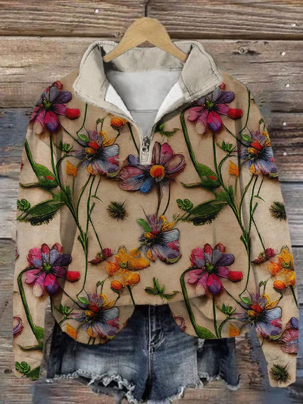 Women's Vine Flower Floral Print Zipper Turndown Collar Sweatshirt