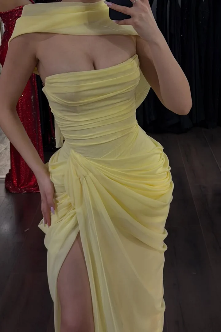 Chiffon Strapless Sleeveless High-Waisted Long Pleated Mermaid Prom Dress With High Split | LR0380 Wellcucu