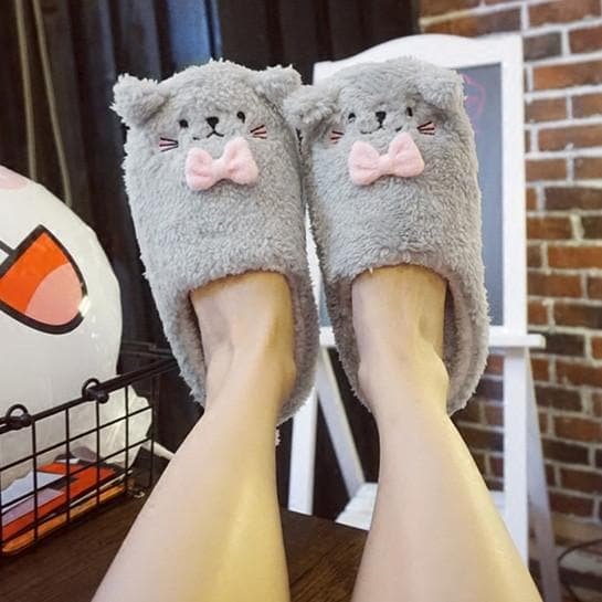 Grey/Pink/Brown Kawaii Animals Fluffy Slippers SP1710932