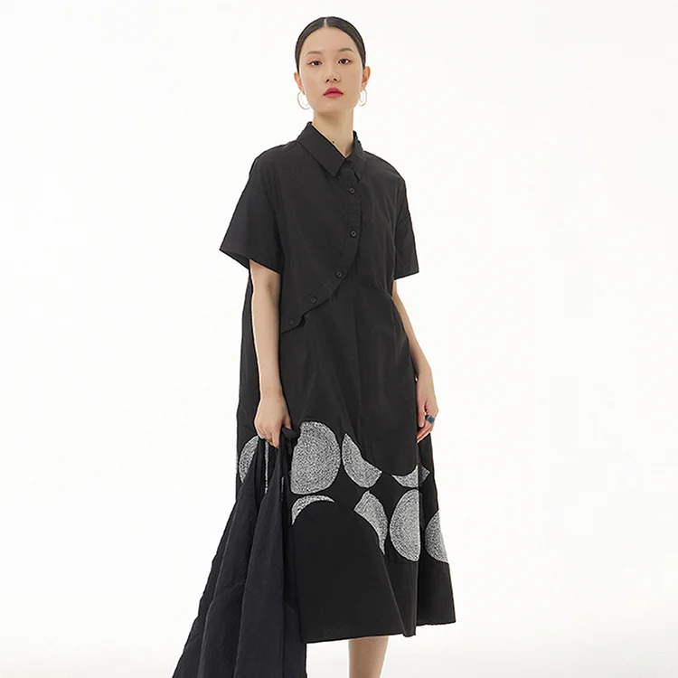 Casual Loose Lapel Slanted Placket Wavy Pattern Printed Short Sleeve Dress