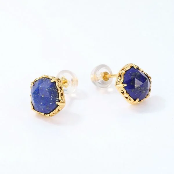 Natural Lapis Lazuli Gemstone 925 Sterling Silver Gold Plated Stud Earring For Women