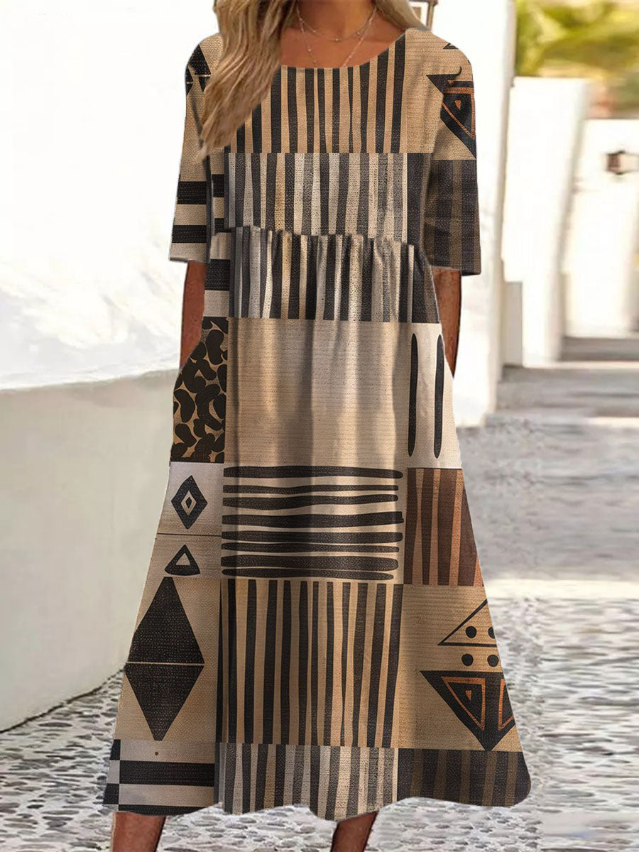 Women's Vintage Abstract Geometric Art Print Pocket Cotton Dress