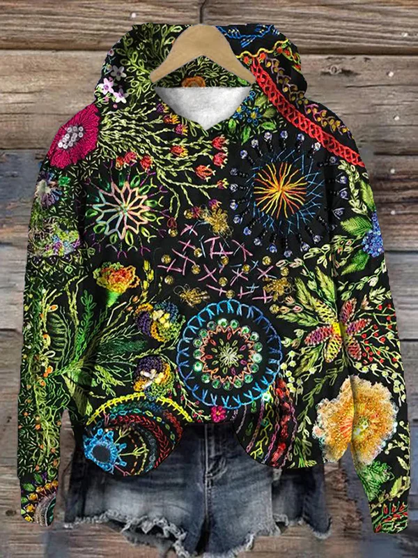 Women's Yarn Colorful Flowers Leaves Print Casual Hoodie