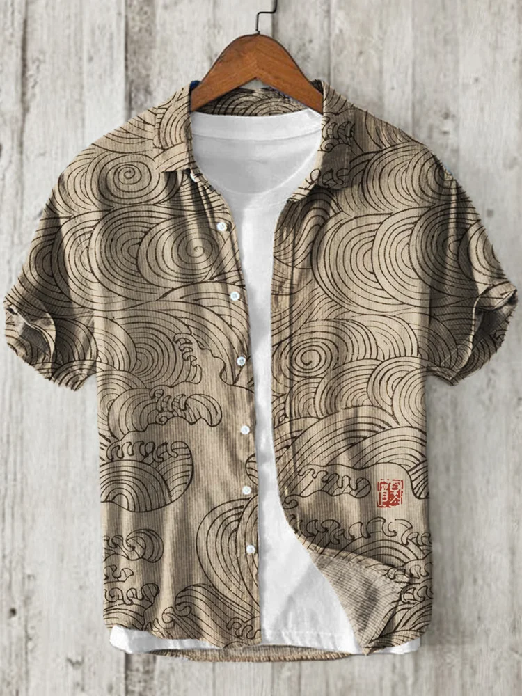 Sea Waves Japanese Ancient Pattern Linen Blend Shirt