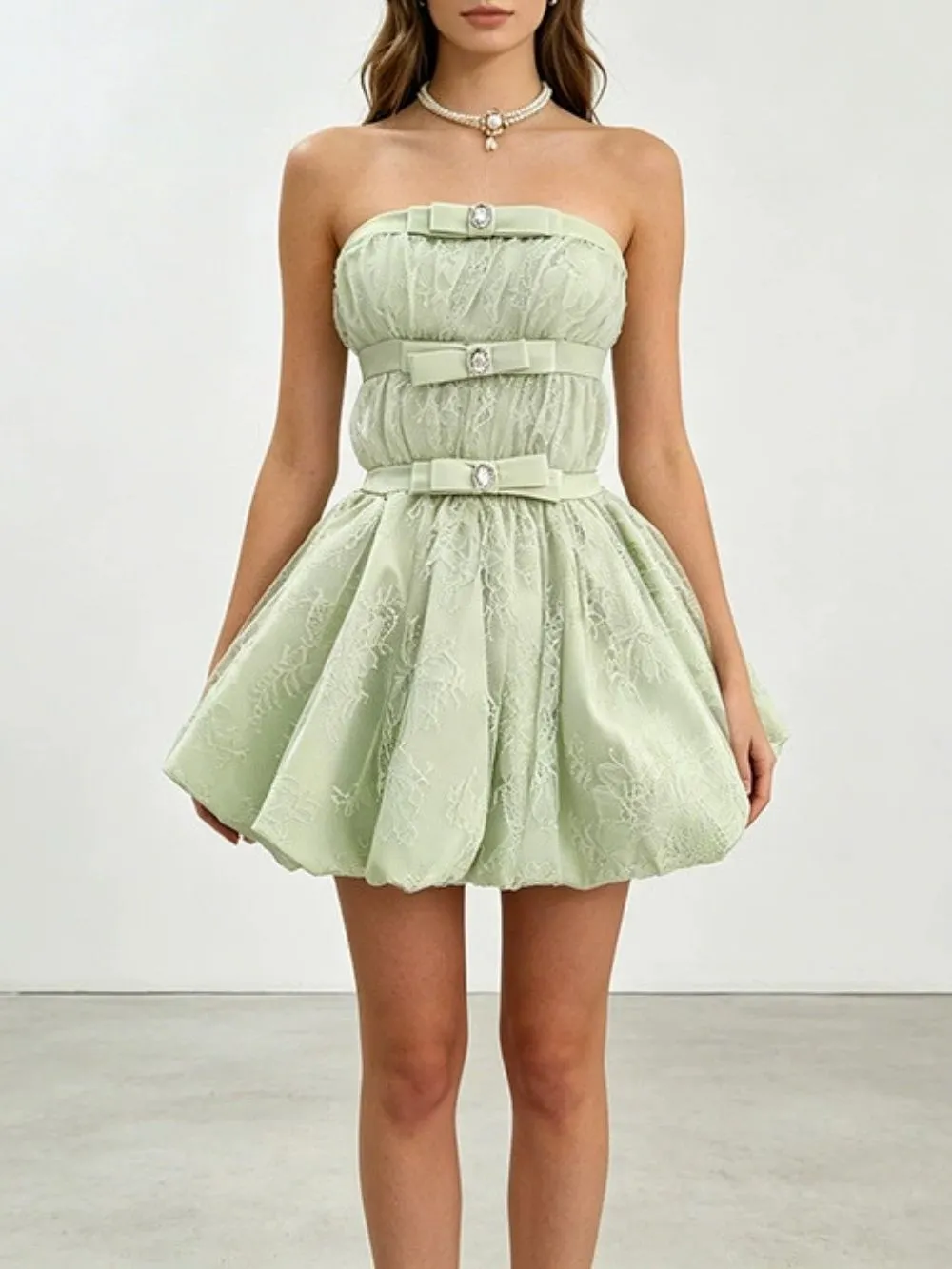 kambella ruched mini dress in green Fashionslee Women Kamya Green Strapless Lace Mini Dress