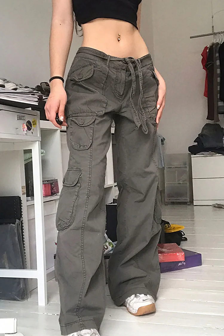 Denim Plain Low Waist Pockets Wide Leg Cargo Pants-Grey