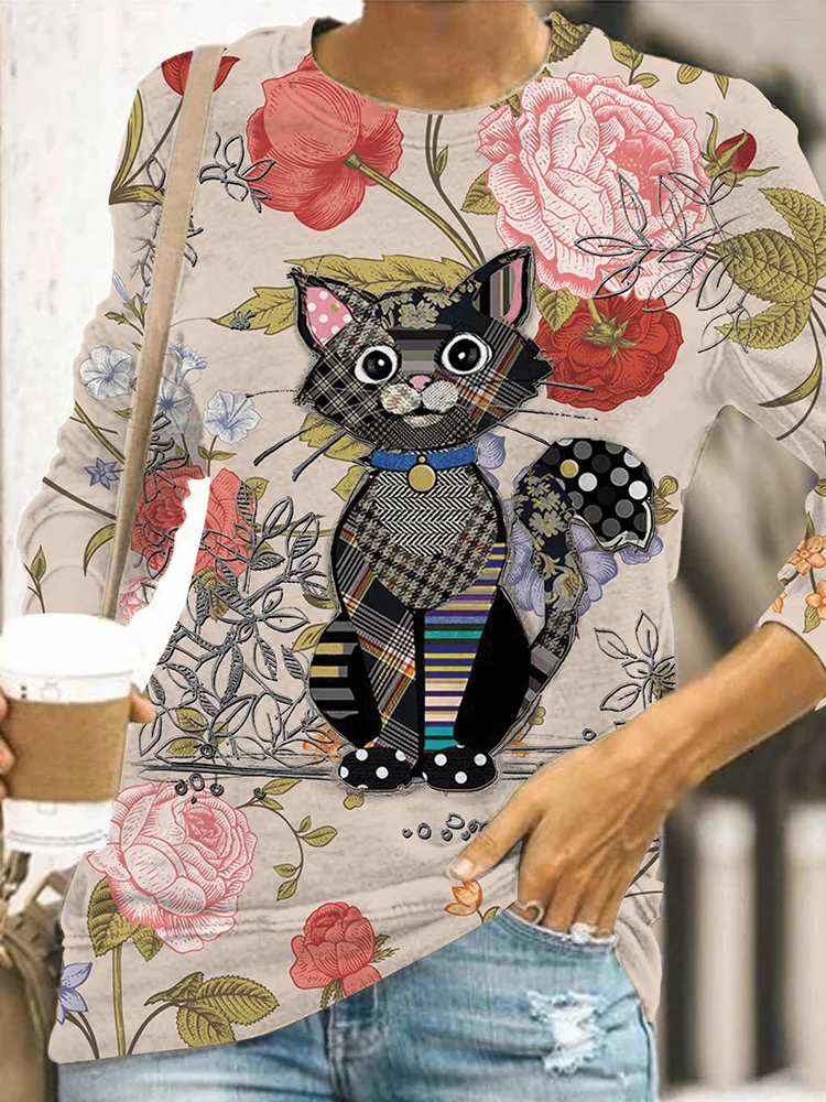 Plaid Black Cat Printed Casual Long-Sleeves