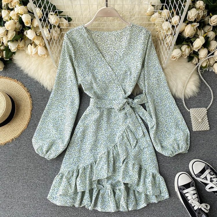 Cottagecore Fashion Long-Sleeve Ruffled Floral Print Mini A-Line Dress CF41