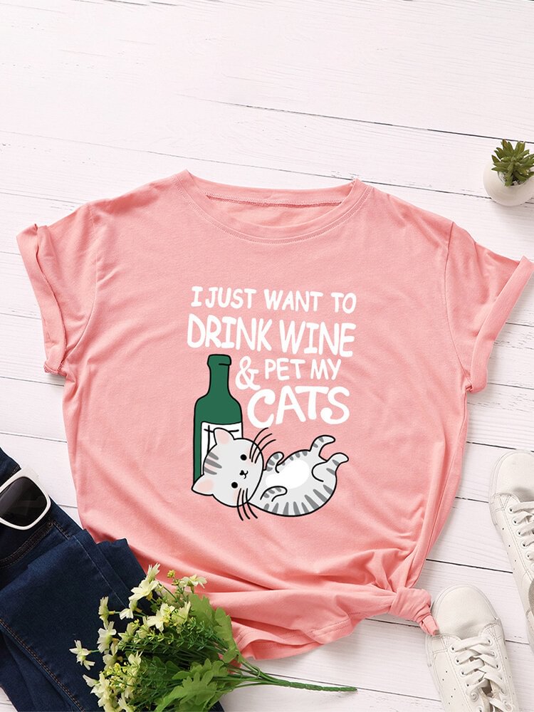 Cartoon Cat Letters Printed Short Sleeve O neck T shirt For Women P1725421