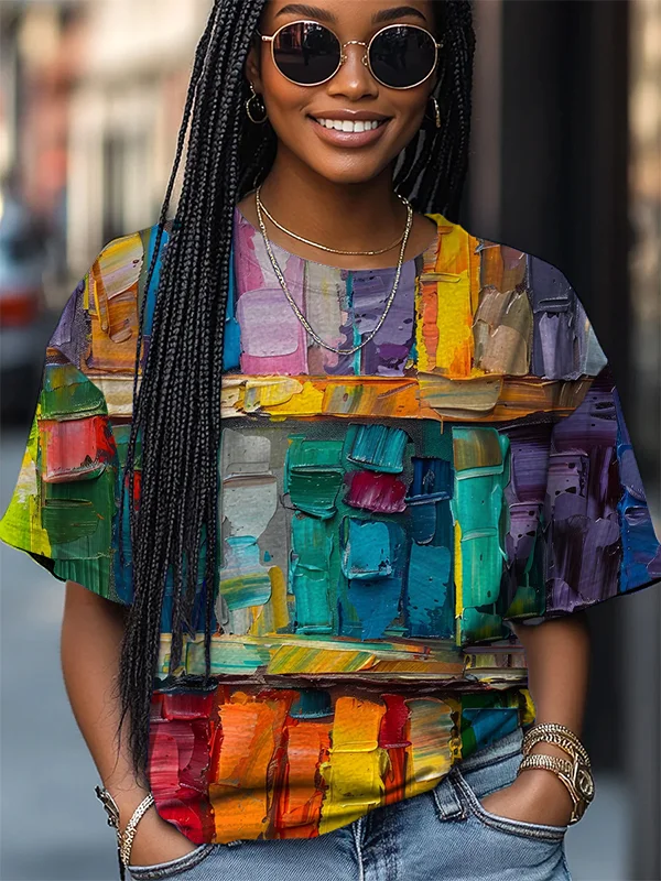 Women's Vibrant Coloring Book Oil Painting Art Print Casual T-Shirt