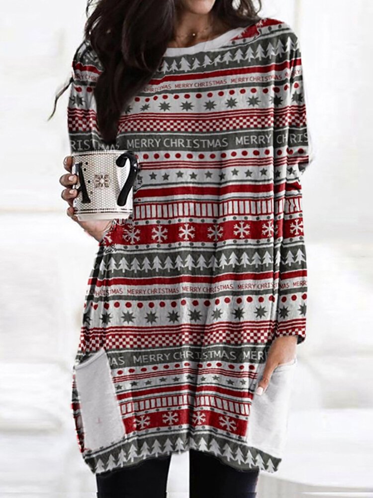Christmas Striped Print Long Sleeve O neck Casual Blouse For Women P1756664