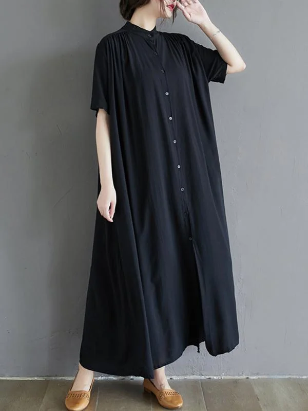 Solid Color Loose Dress Stand Collar Maxi Dress