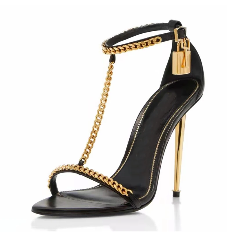 TAAFO Gold Metal Lock Gladiator Sandals Woman Open Toe Chain T-strap High Heels Lady Party Shoes