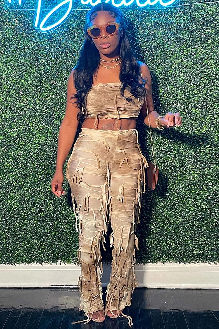 Tie Dye Wrapped Fringed Strapless Crop Top High Waist Flared Leg Pants Two-Piece Set