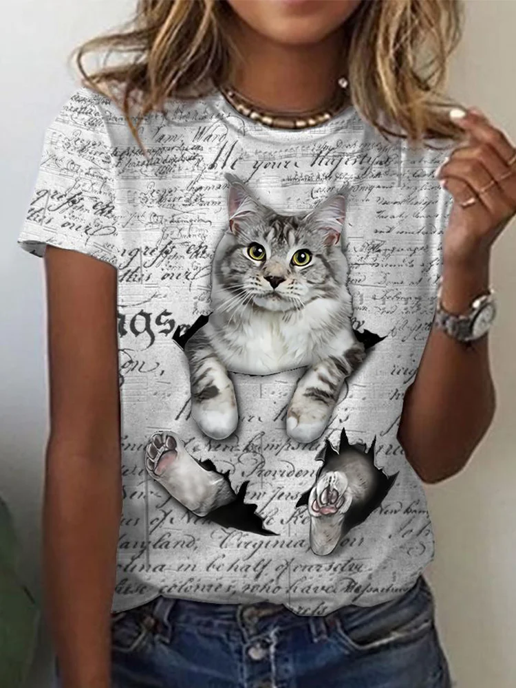 Cute Cat Printed Casual Tee