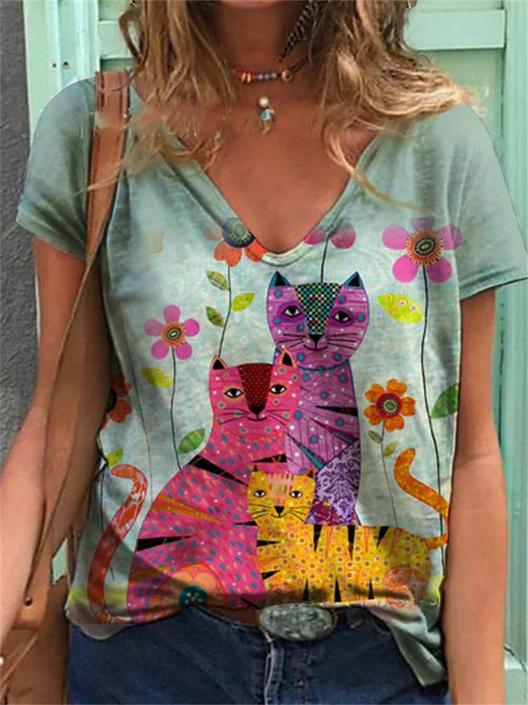 Lovely Cat Art V Neck T Shirt