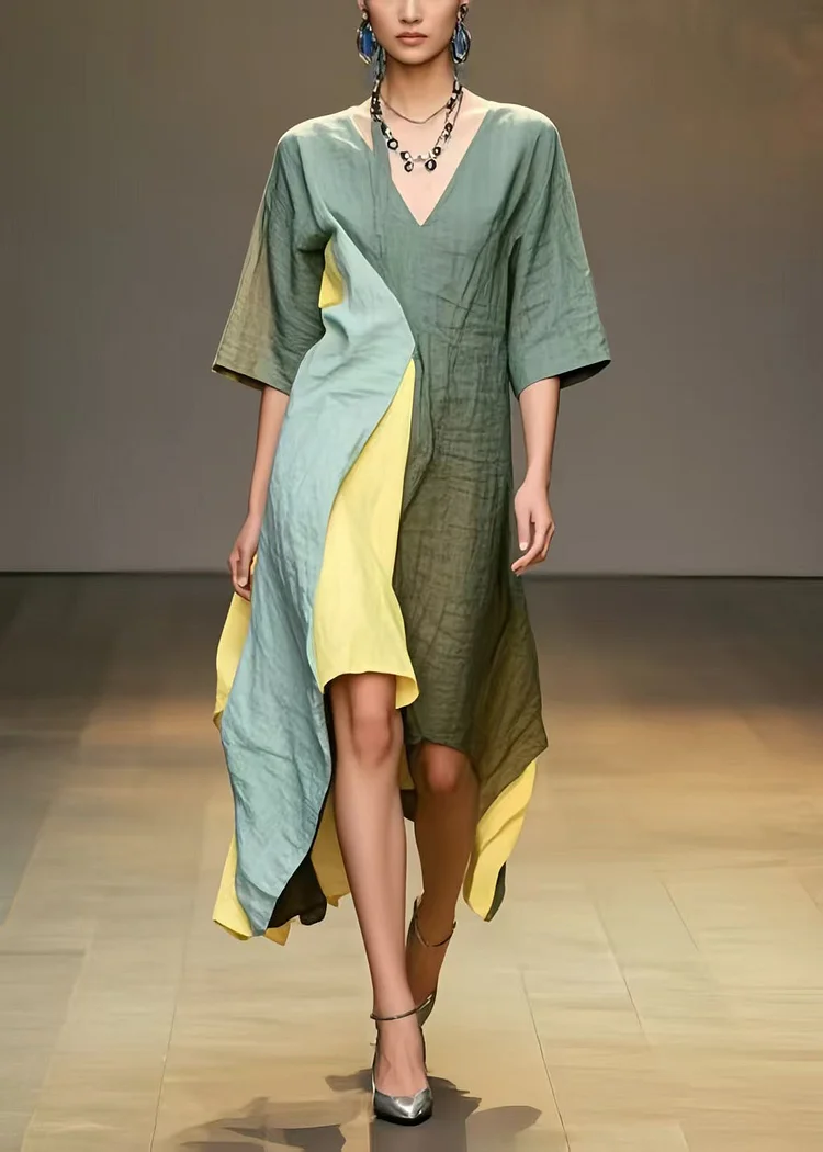 Women Multicolour Asymmetrical Patchwork Cotton Long Dresses Summer