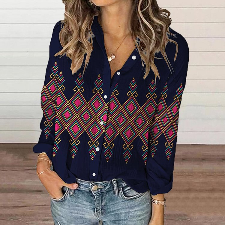 VChics Tribal Geometry Print Lapel Long Sleeve Shirt