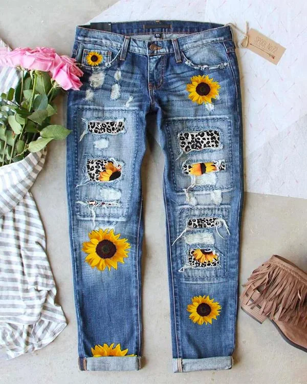 Women's Shredded Low Rise Sunflower Leopard Cutout Jeans
