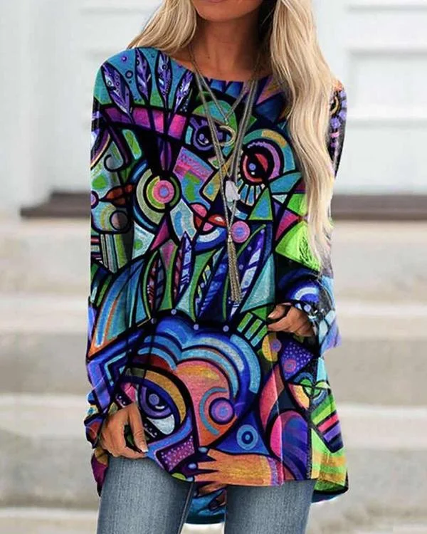 Women GrafftI Print Long Sleeve Irregular Plus Size Blouse