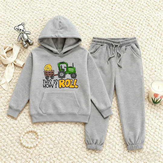 【2Y-13Y】Festive Fleece-Lined Hoodie And Jogger Set This Is How I Roll Design For Kids