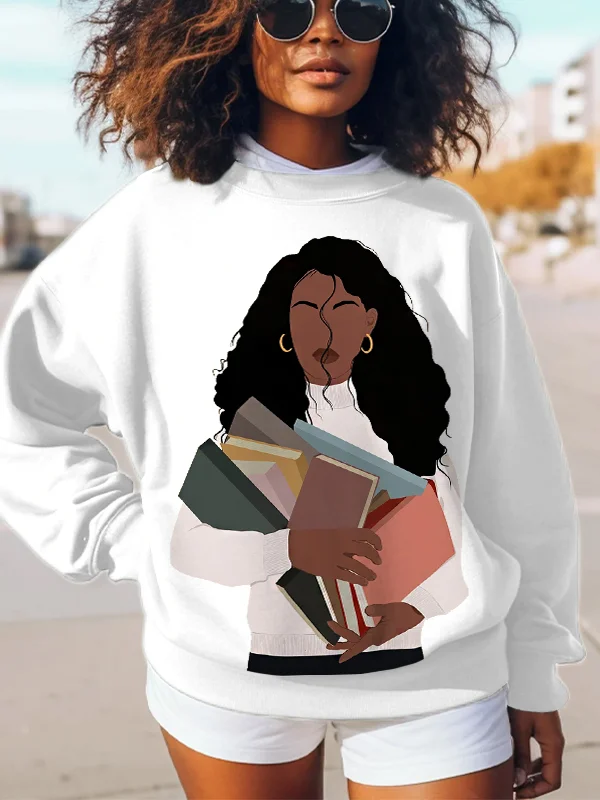 Women's Book Lover Print Cotton Long Sleeve T-Shirt Thin Sweatshirt