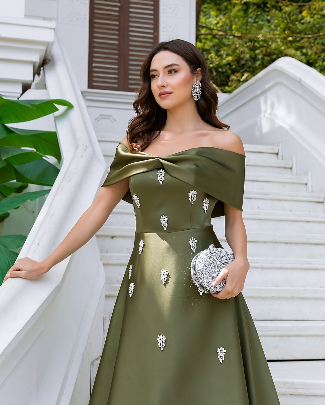 Lussooy Luxurious Satin Off the Shoulder Oliver Green Beaded Prom Dress with Pleated